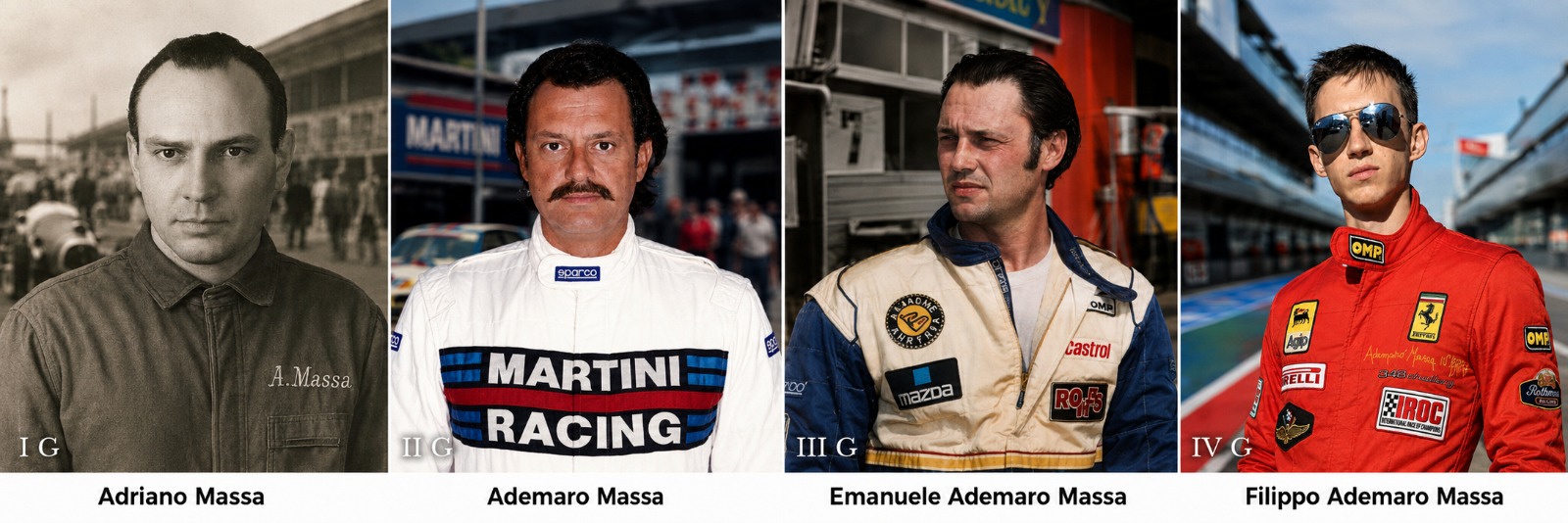 Four generations of Massa racing drivers: Adriano Massa, Ademaro Massa, Emanuele Ademaro Massa, and Filippo Ademaro Massa.